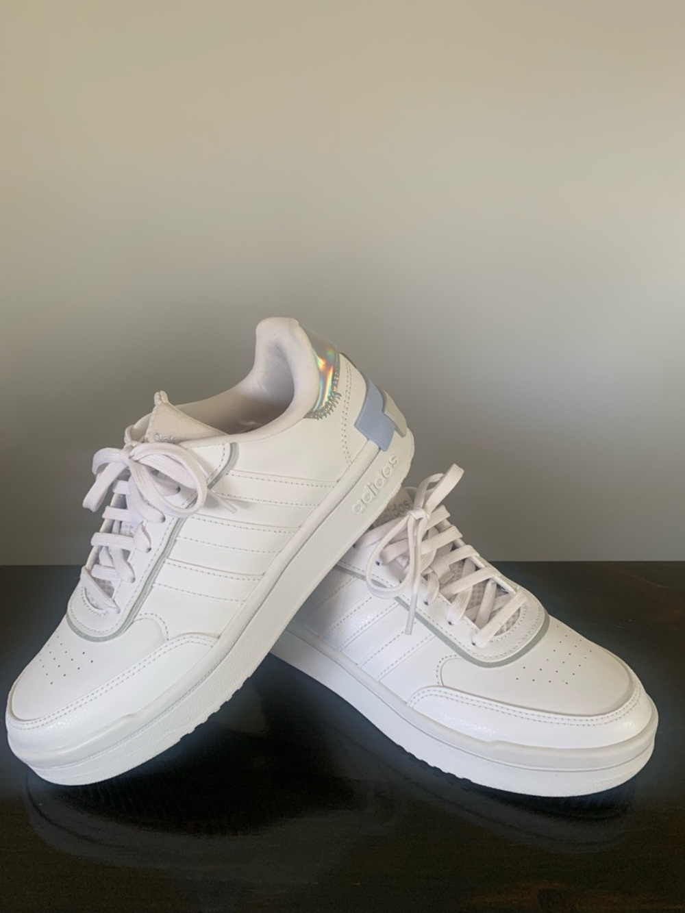 adidas Women's Postmove SE White Sneakers with blue and Iridescent Heel Accents